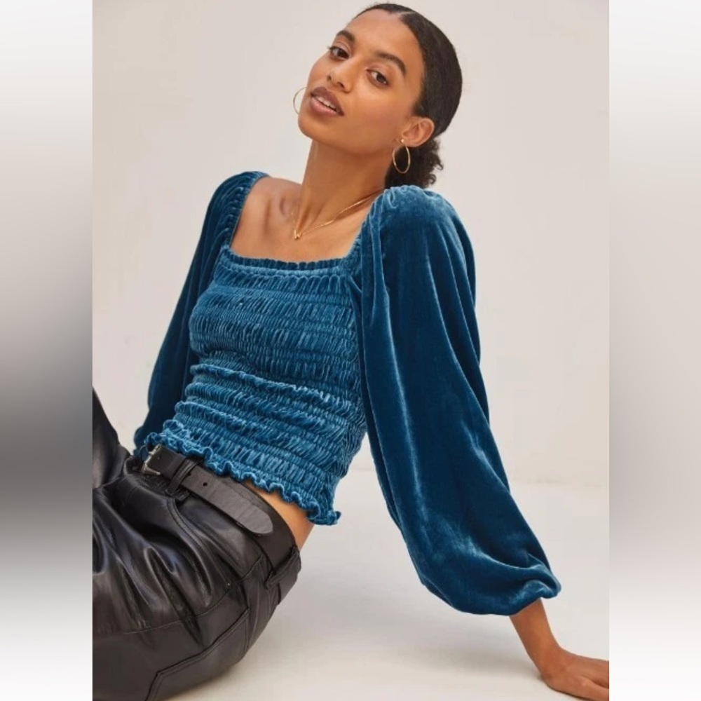 Anthropologie Puff-sleeved Velvet Blouse Top smocked Aqua Blue teal romantic L